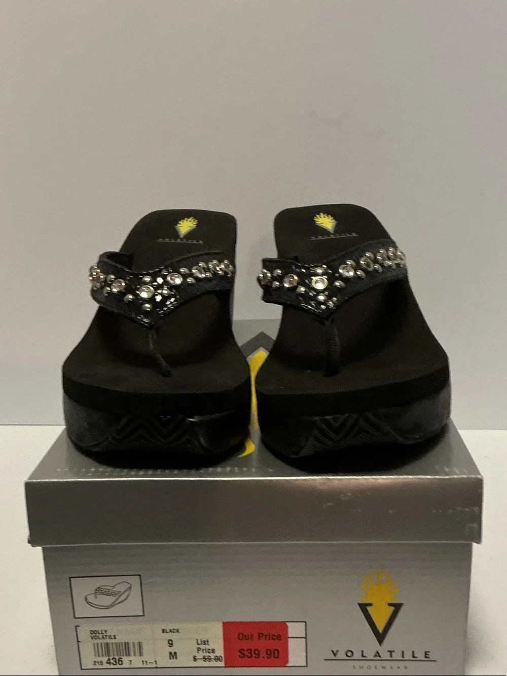 Volatile Black Wedge Thong Sandals with Crystal Accents